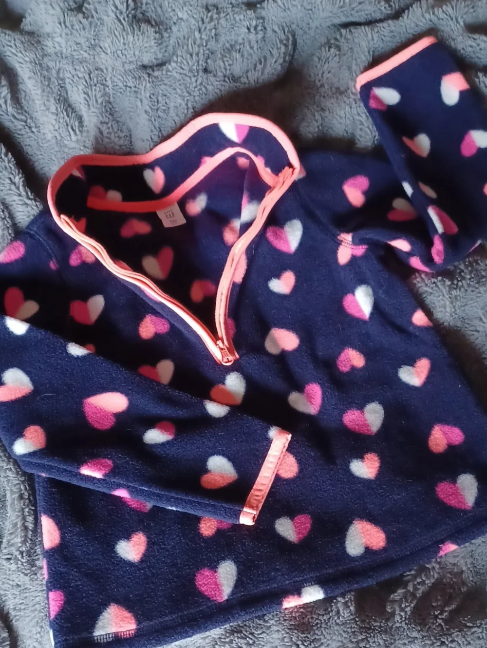 GAP Navy Fleece Half Zip Hoodie with Coral Pink and White Heart Print,size 5T